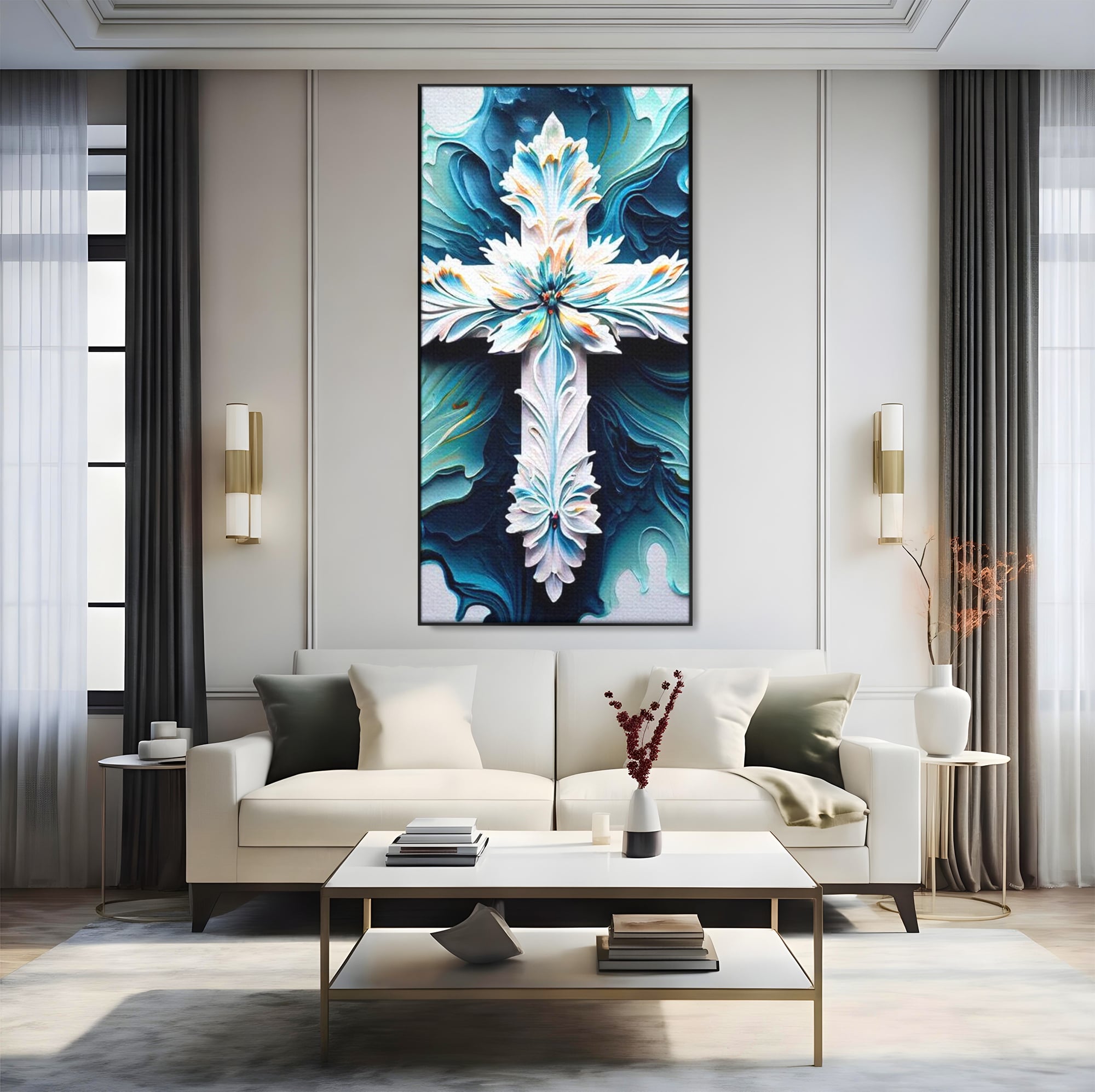 Tablou canvas cu tablou canvas cu o cruce florala, in rama de aluminiu negru, pe perete intr-un living